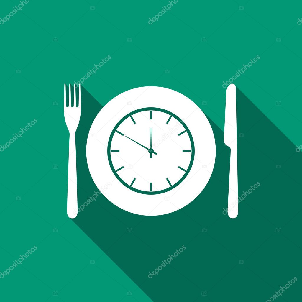 Plate with clock, fork and knife icon isolated with long shadow. Lunch time. Eating, nutrition regime, meal time and diet concept. Flat design. Vector Illustration