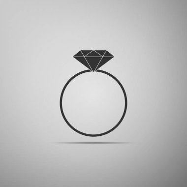 Elmas nişan yüzüğü simgesi gri arka plan üzerinde izole. Düz tasarım. Vektör çizim