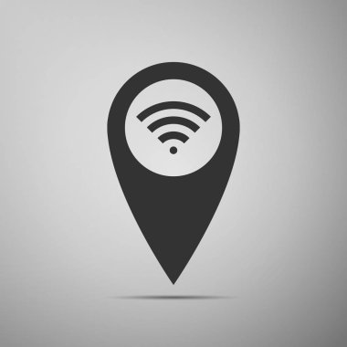 Wifi internet sinyal bağlantısı simgesi gri arka plan üzerinde izole işaretçi harita. Düz tasarım. Vektör çizim