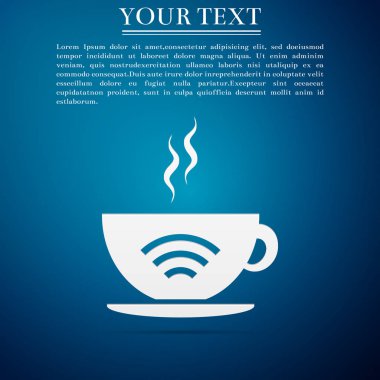 Bir fincan kahve dükkanı ücretsiz Wi-Fi bölge işareti ile. Internet bağlantısı afişini simgesi üzerinde mavi arka plan izole. Düz tasarım. Vektör çizim