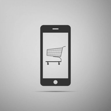 Online alışveriş kavramı. Alışveriş sepeti ekran smartphone simgesini gri arka plan üzerinde izole. Konsept e-ticaret, e-iş, online iş pazarlama. Düz tasarım. Vektör çizim