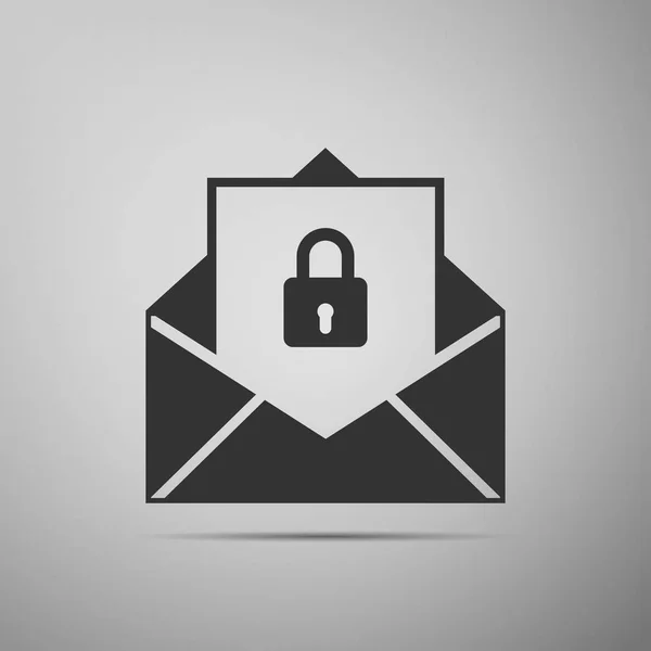Icono de correo seguro aislado sobre fondo gris. Sobre de correo cerrado con candado. Diseño plano. Ilustración vectorial — Archivo Imágenes Vectoriales