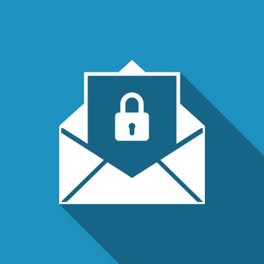 Güvenli posta kutsal kişilerin resmi ile uzun gölge izole. E-posta zarf ile asma kilit kilitli. Düz tasarım. Vektör çizim