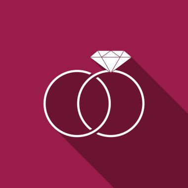 Alyans simgesi ile uzun gölge izole. Gelin ve damat takı işareti. Evlilik kutsal kişilerin resmi. Elmas yüzük simgesi. Düz tasarım. Vektör çizim