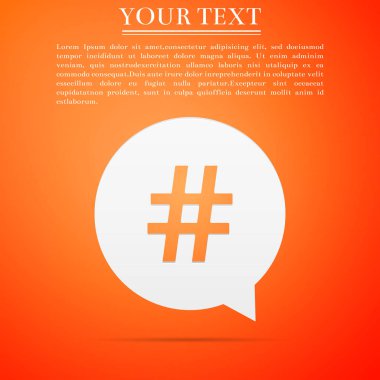 Hashtag daire simgesi turuncu zemin üzerine izole. Sosyal medya simge, sayı işareti, sosyal medya, mikro bloglama pr popülerlik kavramı. Düz tasarım. Vektör çizim
