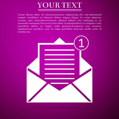 Alınan iletiyi kavramı. Yeni, e-posta gelen ileti, sms. Posta teslim hizmeti. Zarf mor zemin üzerine düz simgesi. Düz tasarım. Vektör çizim