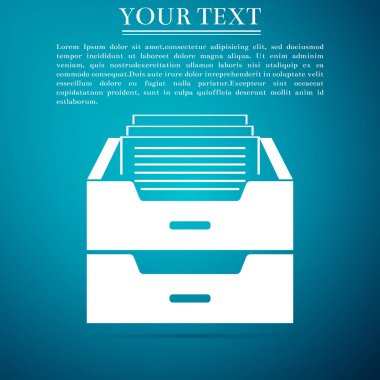 Çekmecenin üzerinde mavi arka plan izole Belgeler simgesini. Arşiv belgeleri çekmece. Dosya dolabı çekmece. Ofis mobilyaları. Düz tasarım. Vektör çizim