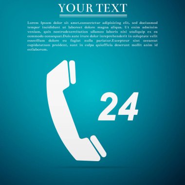 Telefon 24 saat destek simgesi üzerinde mavi arka plan izole. Tüm gün müşteri destek çağrı merkezi. Düz tasarım. Vektör çizim