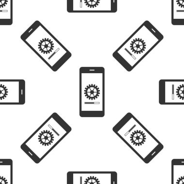 Smartphone güncelleştirme işlemi ile şanzıman ilerleme ve yükleme çubuğu simgesini Dikişsiz desen beyaz arka plan üzerinde. Sistem bilgisayar yazılımı güncelleştirmek ve yükseltme kavram. Yükleme işlemi akıllı telefon ekranında