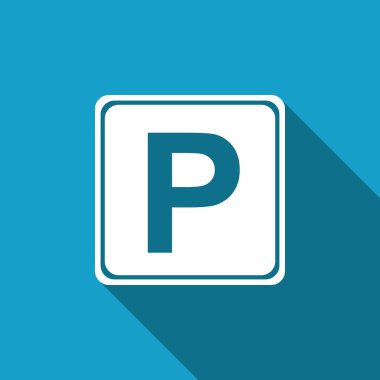 Otopark ile uzun gölge izole işareti simgesi. Sokak yol işaret. Düz tasarım. Vektör çizim