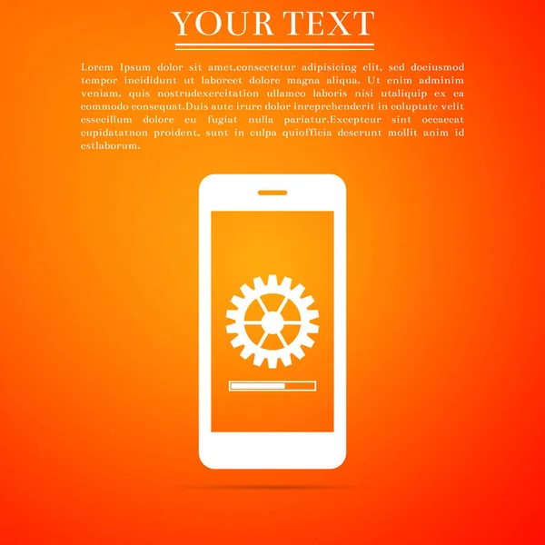 Het updateproces van de smartphone met versnellingsbak vooruitgang en laden bar pictogram geïsoleerd op een oranje achtergrond. Systeem software-update en upgrade concept. Laadproces in mobiel scherm. Vectorillustratie — Stockvector