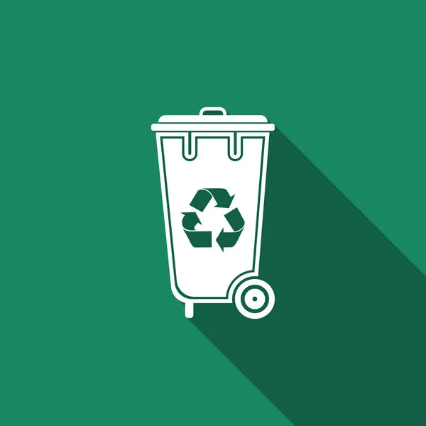 Papelera de reciclaje con icono de símbolo de reciclaje aislado con sombra larga. Icono de bote de basura. Diseño plano. Ilustración vectorial — Vector de stock