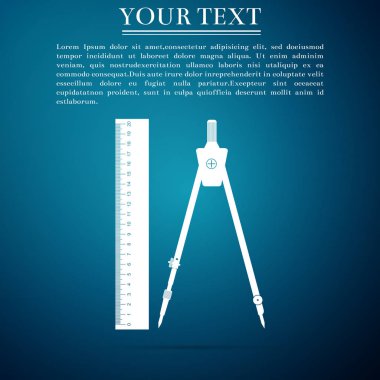 Cetvel ve üzerinde mavi arka plan izole çizim pusula simgesini. Çizim profesyonel alet. Geometrik ekipman. Eğitim işareti. Düz tasarım. Vektör çizim