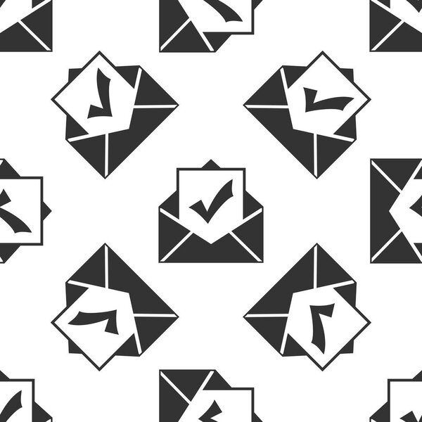 Envelope with document and check mark icon seamless pattern on white background. Successful e-mail delivery, email delivery confirmation, successful verification concepts. Vector Illustration