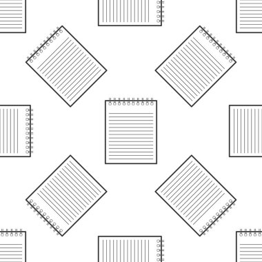 Not defteri simgesi Dikişsiz desen beyaz arka plan üzerinde. Spiral not defteri simgesi. Öğrenci yarıyıl not defteri. Yazı defteri. Defter kapak tasarımı. Ofis Kırtasiye öğeleri. Düz tasarım. Vektör çizim
