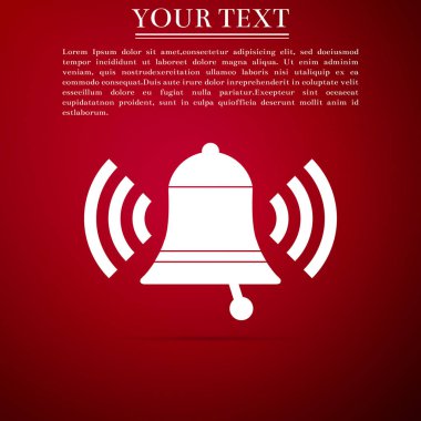 Zil zil simgesini kırmızı zemin üzerine izole. Alarm sembolü, hizmet bell, handbell işareti, bildirim simgesi. Düz tasarım. Vektör çizim