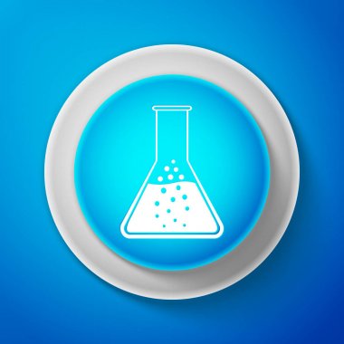 Beyaz Test tüp ve şişesi - kimyasal laboratuvar test simgesi üzerinde mavi arka plan izole. Beyaz çizgili daire mavi düğme. Vektör çizim