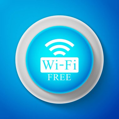 Beyaz ücretsiz Wi-fi tarihinde izole mavi arka plan oturum açın. Wi-fi sembolü. Kablosuz ağ simgesini. Wi-fi bölgesi. Beyaz çizgili daire mavi düğme. Vektör çizim