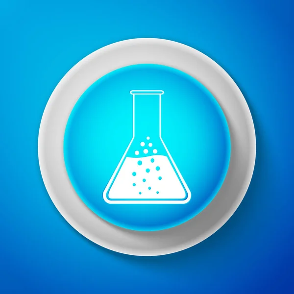 白色试管和烧瓶-化学实验室测试图标在蓝色背景下隔离。圆圈蓝色按钮与白色线。矢量插图 — 图库矢量图片