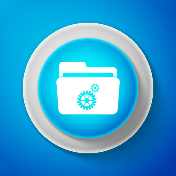Carpeta de configuración blanca con icono de engranajes aislado sobre fondo azul. Botón azul círculo con línea blanca. Ilustración vectorial — Vector de stock