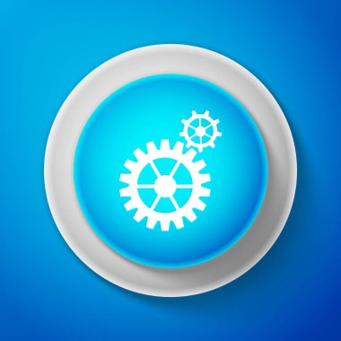 İzole mavi zemin üzerine beyaz dişli simgesini. Dişli Dişli ayarları işareti. COG sembolü. Beyaz çizgili daire mavi düğme. Vektör çizim