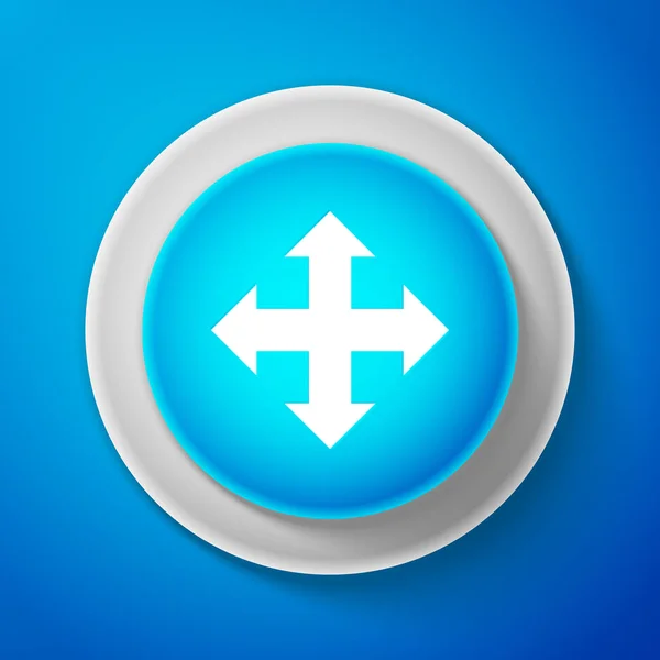 White Arrows in four directions icon isolated on blue background. Circle blue button with white line. Vector Illustration — Stock Vector