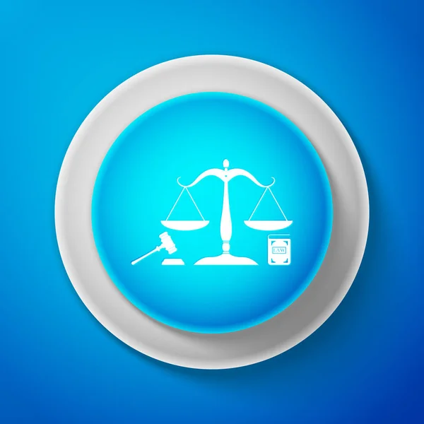 stock vector White Scales of justice, gavel and book icon isolated on blue background. Symbol of law and justice. Concept law. Legal law and auction symbol. Circle blue button with white line. Vector Illustration