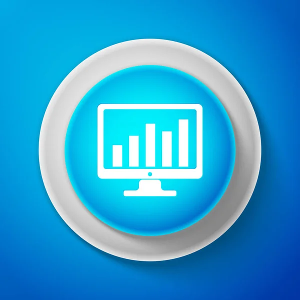 Wit computerscherm met financiële diagrammen en grafieken pictogram geïsoleerd op blauwe achtergrond. Grafiek Bars en financiële analyse. Cirkel blauwe knop met witte lijn. Vectorillustratie — Stockvector