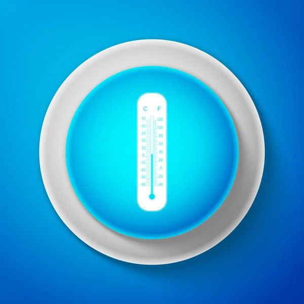 Термометри Цельсій і Фаренгейт метеорології вимірювання тепла і холодного значок ізольовані на блакитному тлі. Устаткування термометр показує гарячої або холодної погоди. Коло синя кнопка. Векторні ілюстрації — стоковий вектор
