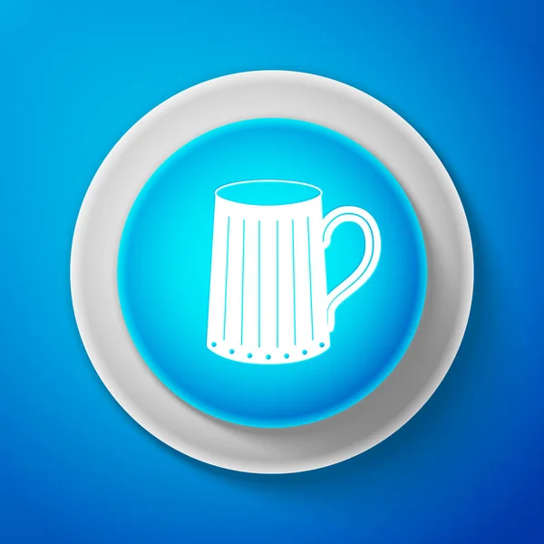 Weißer Bierkrug aus Holz isoliert auf blauem Hintergrund. Kreis blauer Knopf mit weißer Linie. Vektorillustration — Stockvektor