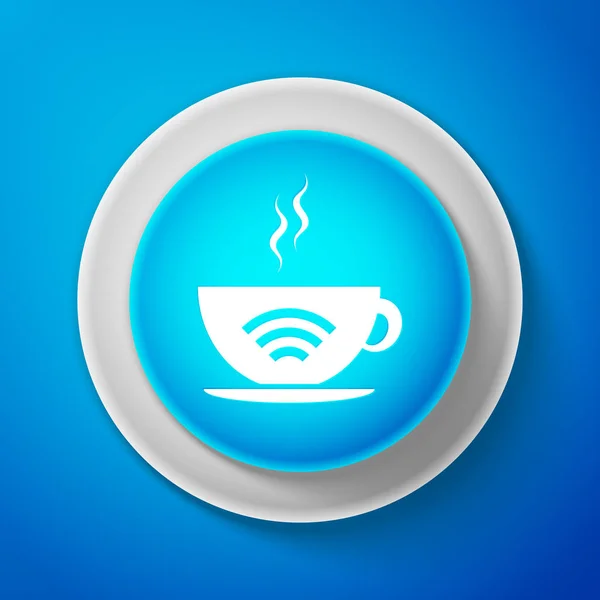 Taça branca de café com ícone de zona Wi-Fi gratuito isolado no fundo azul. Placa de ligação à Internet. Círculo botão azul com linha branca. Ilustração vetorial — Vetor de Stock