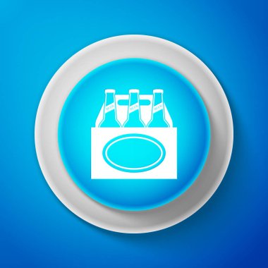 Beyaz bira şişeleri simgesi üzerinde mavi arka plan izole sürüsü. Büyük sandık bira kutusu işareti. Beyaz çizgili daire mavi düğme. Vektör çizim