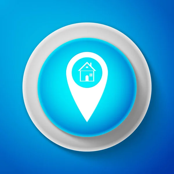 Белый указатель на карте с иконкой дома, выделенной на синем фоне. Символ метки местоположения. Круговая синяя кнопка с белой линией. Векторная миграция — стоковый вектор