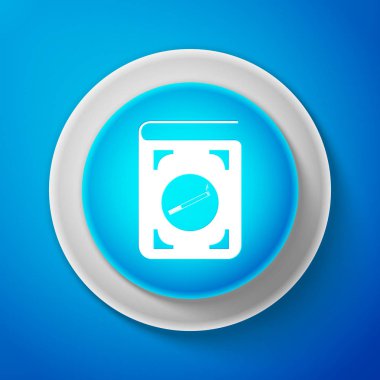 Üzerinde mavi arka plan izole sigara simgesi olan beyaz kitap. Beyaz çizgili daire mavi düğme. Vektör çizim