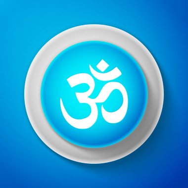 Üzerinde mavi arka plan izole beyaz Om veya Aum Hint kutsal ses kutsal kişilerin resmi. Budizm ve Hinduizm dinin sembolü. Özgün mantra. Brahma, Vişnu ve Shiva ilahi Triad'ın sembolü. Vektör