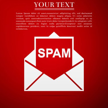 Zarf spam simgesi üzerinde kırmızı arka plan izole. Virüs, korsan, Hack ve güvenlik kavramı. Düz tasarım. Vektör çizim