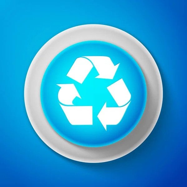 Иконка белого символа Recycle выделена на синем фоне. Окружающая среда пригодна для переработки. Круговая синяя кнопка с белой линией. Векторная миграция — стоковый вектор