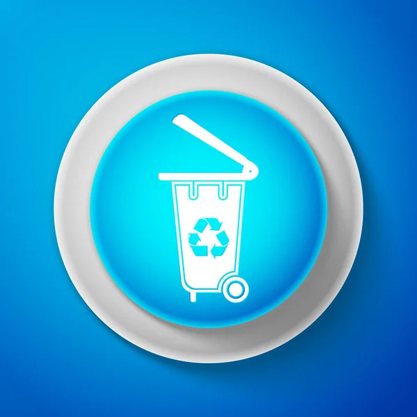 Wit Prullenbak met recycle symboolpictogram geïsoleerd op blauwe achtergrond. Kan van de prullenmand. Cirkel blauwe knop met witte lijn. Vectorillustratie — Stockvector