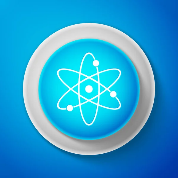 Піктограма білого атома ізольована на синьому фоні. Символ науки, освіти, ядерної фізики, наукових досліджень. Електрони та протони. Блакитна кнопка з білою лінією. Векторна ілюстрація — стоковий вектор