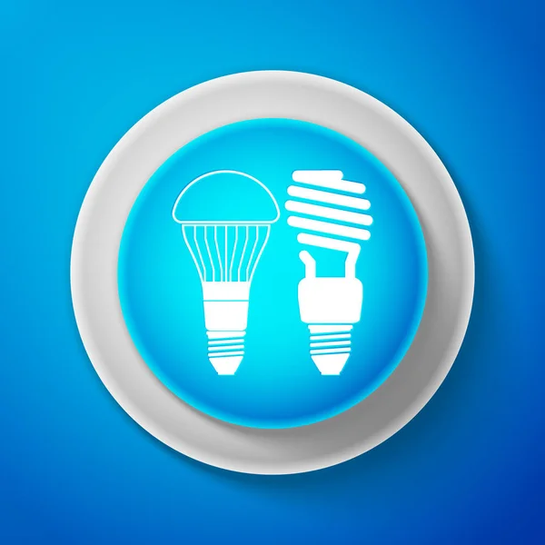 Weiße sparsame LED-Leuchtmittel und Leuchtstoffröhren-Symbol isoliert auf blauem Hintergrund. Energiesparlampen sparen. Kreis blauer Knopf mit weißer Linie. Vektorillustration — Stockvektor