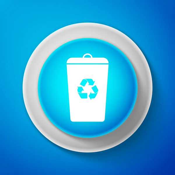 Cubo de reciclaje blanco con icono de símbolo de reciclaje aislado sobre fondo azul. Icono de bote de basura. Botón azul círculo con línea blanca. Ilustración vectorial — Vector de stock