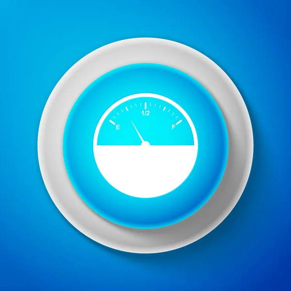 Icône de jauge carburant blanche isolée sur fond bleu. Plein réservoir. Cercle bouton bleu avec ligne blanche. Illustration vectorielle — Image vectorielle