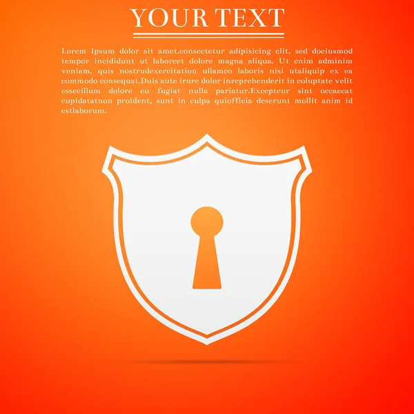 Anahtar deliği simgesi turuncu zemin üzerine izole kalkan. Koruma ve güvenlik kavramı. Emanet rozet simge. Gizlilik afiş. Savunma etiket. Sunu etiket şekil. Düz tasarım. Vektör çizim