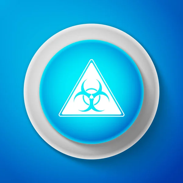Weißes Dreieck-Zeichen mit Biohazard-Symbol auf blauem Hintergrund. Kreis blauer Knopf mit weißer Linie. Vektorillustration — Stockvektor