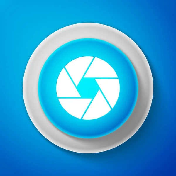 Icono del obturador de la cámara blanca aislado sobre fondo azul. Botón azul círculo con línea blanca. Ilustración vectorial — Vector de stock