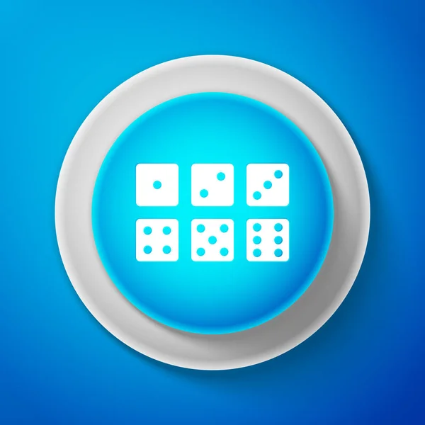 Λευκό σύνολο έξι ζάρια εικονίδιο απομονώνονται σε μπλε φόντο. Κύκλος μπλε κουμπί με λευκή γραμμή. Εικονογράφηση διάνυσμα — Διανυσματικό Αρχείο