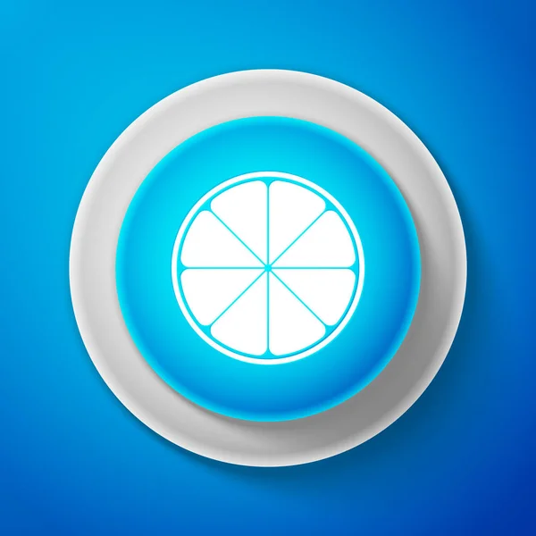 Naranja en un corte. Icono de fruta cítrica blanca aislado sobre fondo azul. Estilo de vida saludable. Botón azul círculo con línea blanca. Ilustración vectorial — Vector de stock