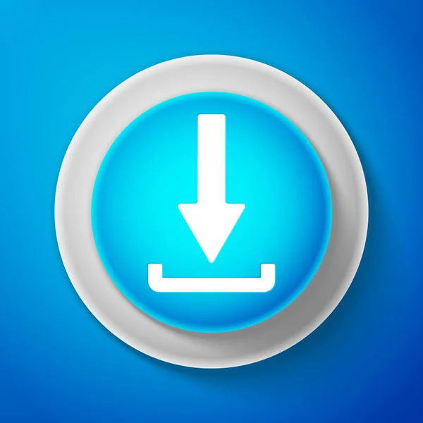Weißes Download-Symbol isoliert auf blauem Hintergrund. Upload-Taste. Lastsymbol. Pfeil zeigt nach unten. Kreis blauer Knopf mit weißer Linie. Vektorillustration — Stockvektor