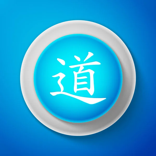 Caligrafia chinesa branca, tradução Dao, Tao, ícone do taoísmo isolado no fundo azul. Círculo botão azul com linha branca. Ilustração vetorial — Vetor de Stock