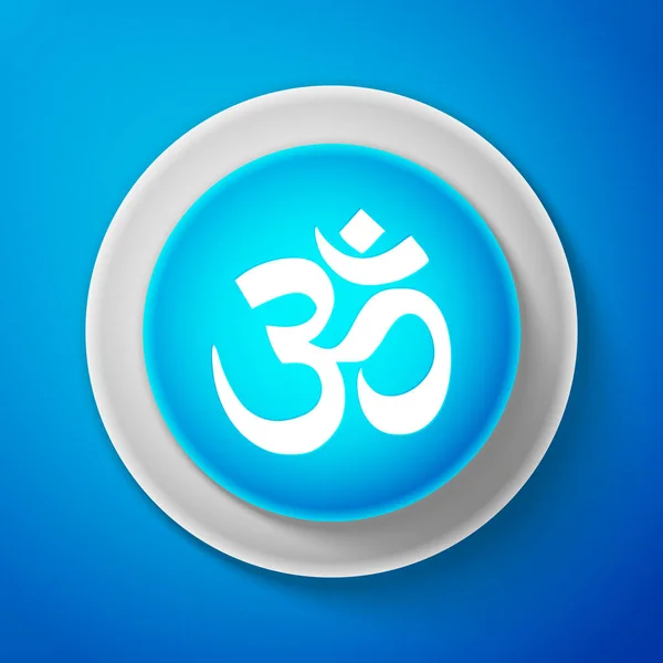 Bílá Om nebo Óm indické svaté ikona zvuku izolované na modrém pozadí. Symbol náboženství buddhismu a hinduismu. Původní mantra. Symbol božské trojici Brahma, Višnu a Šiva. Vektor — Stockový vektor